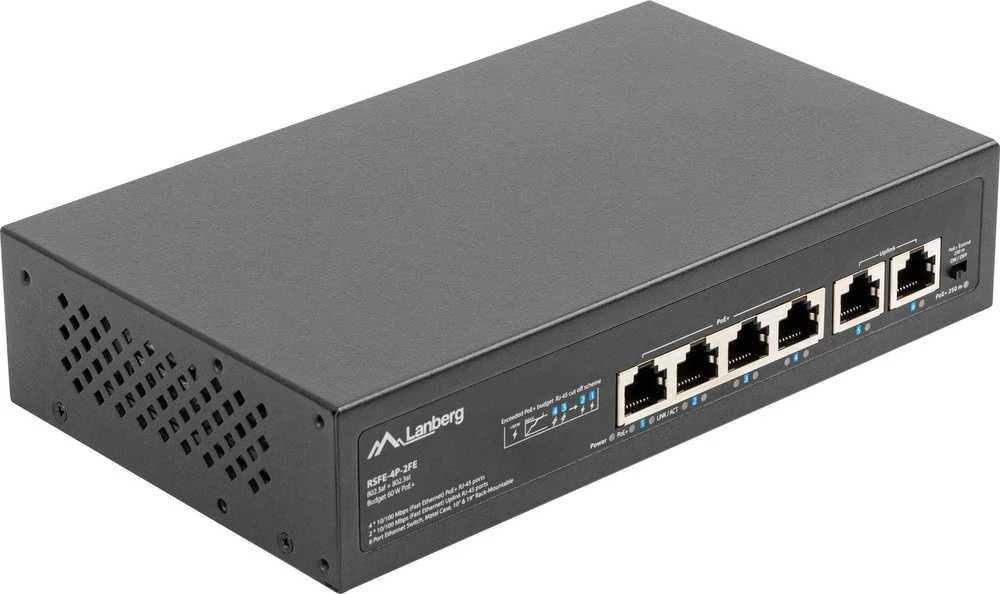 Šakotuvas LANBERG jungiklis PoE 19 colių 6 prievadų 100MB 4 jungtys PoE 30W/prievadas max 60W DSP3-0105-60W nevaldomas