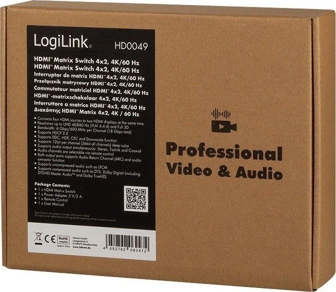 LogiLink Jungiklis 4x2 hdmi, 4k 60hz, su pultu