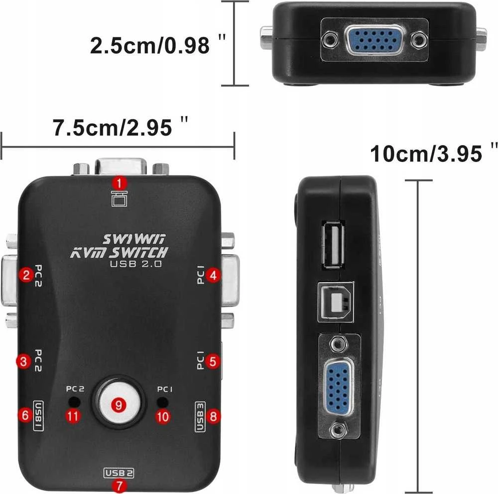 Pawonik jungiklis KVM VGA SWITCH 2X1 SWITCH 3XUSB HUB BOX