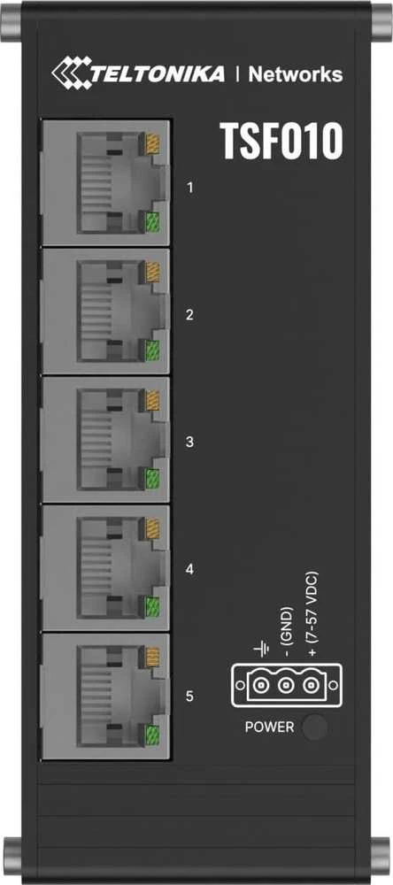 Šakotuvas Teltonika | Pramoninis komutatorius | TSF010 | Nevaldomas | Montuojamas ant DIN bėgelio | 10/100 Mbps (RJ-45) jungtys kiekis: 5 | Maitinimo šaltinio tipas: 3 kontaktų pramoninis nuolatinės srovės maitinimo lizdas