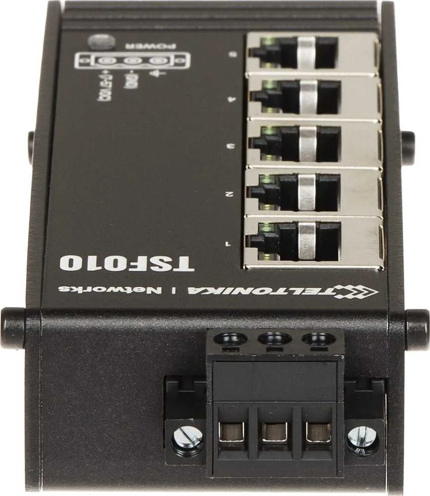 Šakotuvas Teltonika | Pramoninis komutatorius | TSF010 | Nevaldomas | Montuojamas ant DIN bėgelio | 10/100 Mbps (RJ-45) jungtys kiekis: 5 | Maitinimo šaltinio tipas: 3 kontaktų pramoninis nuolatinės srovės maitinimo lizdas