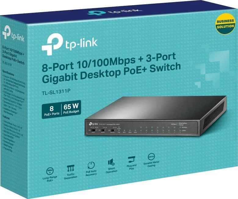 Šakotuvas TP-LINK | 8 prievadų 10/100 Mbps+3 prievadų Gigabit stalinio kompiuterio jungiklis su 8 prievadų PoE+ | TL-SL1311P | Nevaldomas | Darbalaukis | 60 mėn.