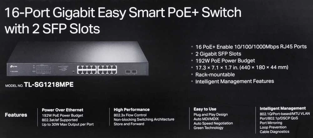 Šakotuvas TP-LINK | Komutatorius | TL-SG1218MPE | Valdomas žiniatinklyje | Montuojamas į lentyną | Gigabito Ethernet (varinis) jungčių kiekis: 16 | SFP jungčių kiekis: 2 | PoE+ jungčių kiekis: 16 | 36 mėn.
