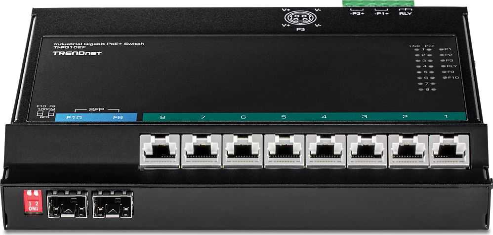 Šakotuvas TRENDnet 10 prievadų pramoninis Gigabit PoE+ WallMount priekinis Acc