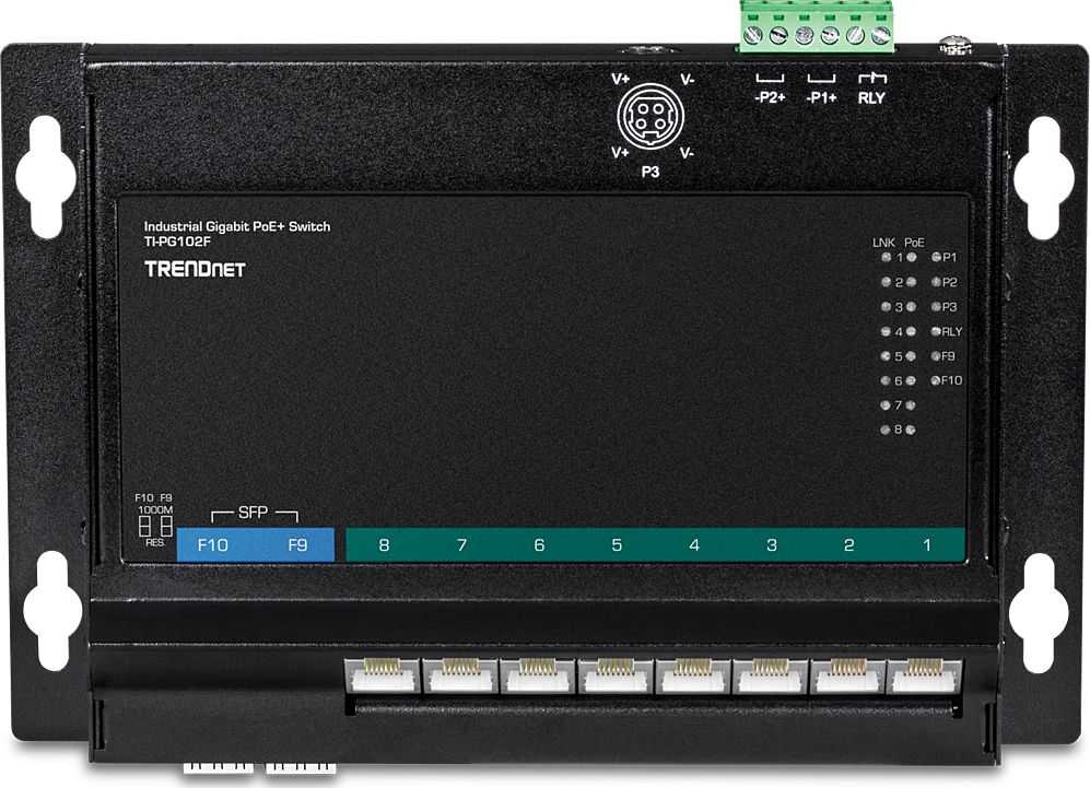 Šakotuvas TRENDnet 10 prievadų pramoninis Gigabit PoE+ WallMount priekinis Acc
