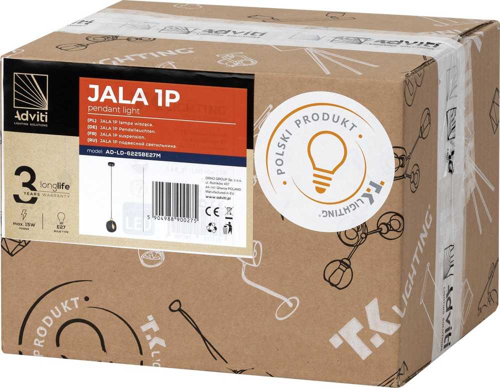 Orno JALA 1P, pakabinamas šviestuvas, E27 max.15W, juodas