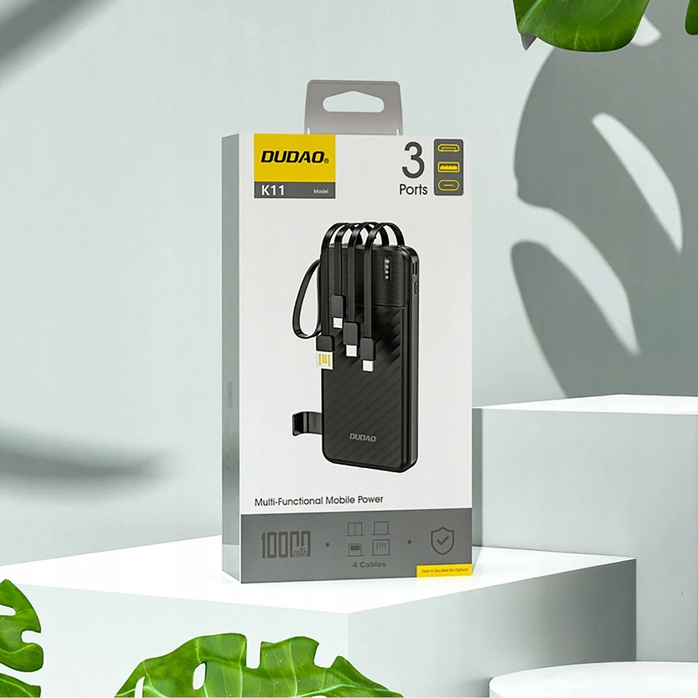 Dudao K11 10000mAh Powerbank su Built-in kabeliss – juodos spalvos