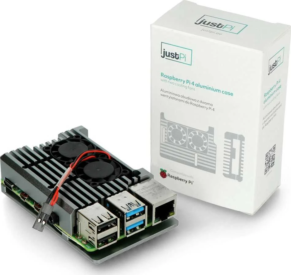 JustPi Raspberry Pi 4 aliuminio korpusas su ventiliatoriais