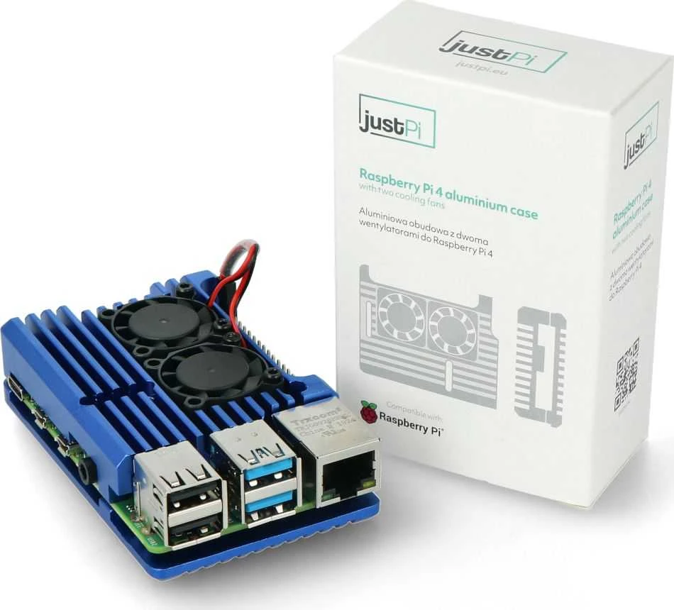 Odseven Raspberry Pi 4B aliumininis radiatorius - dėžutė mėlynos spalvos su dviem ventiliatoriais