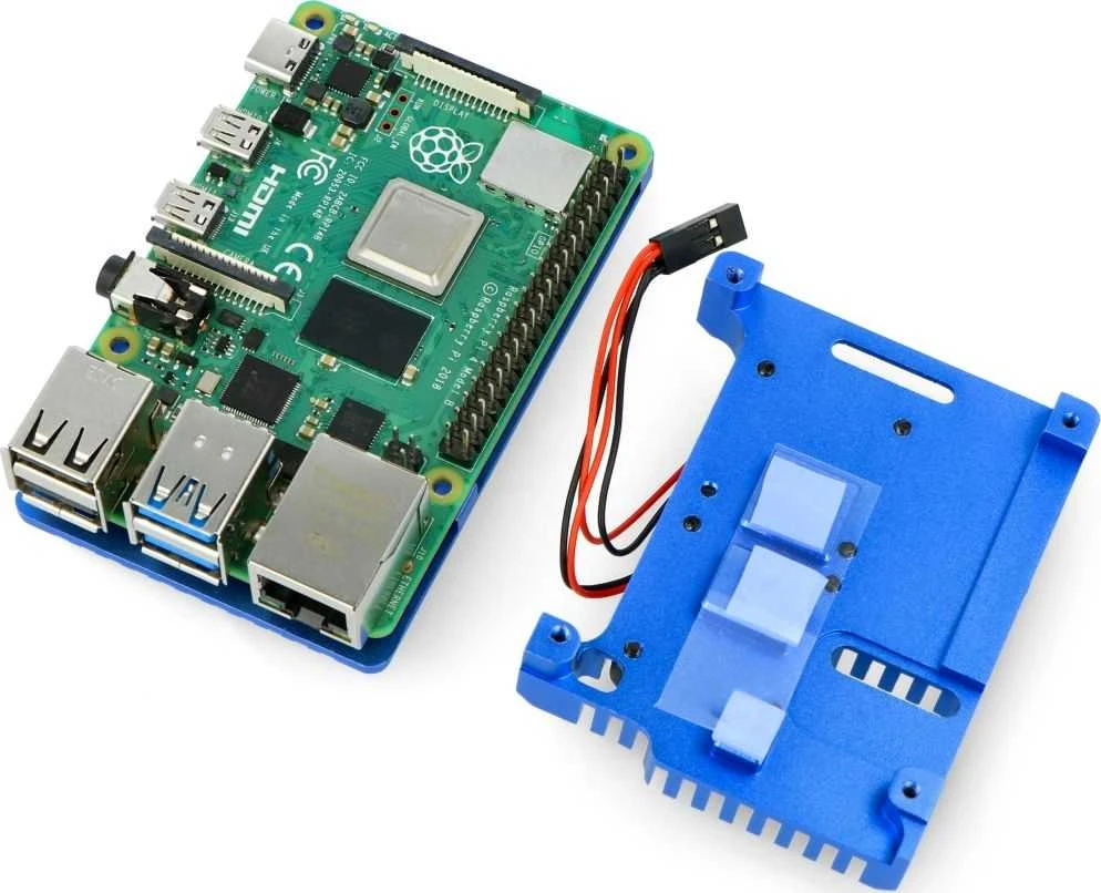 Odseven Raspberry Pi 4B aliumininis radiatorius - dėžutė mėlynos spalvos su dviem ventiliatoriais