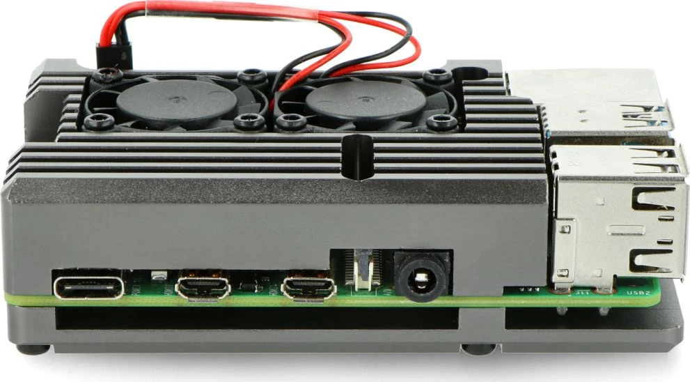 Raspberry Pi 4B korpusas JustPi DNG-16012 su 2 aušinimo ventiliatoriais, metalinis, pilkas