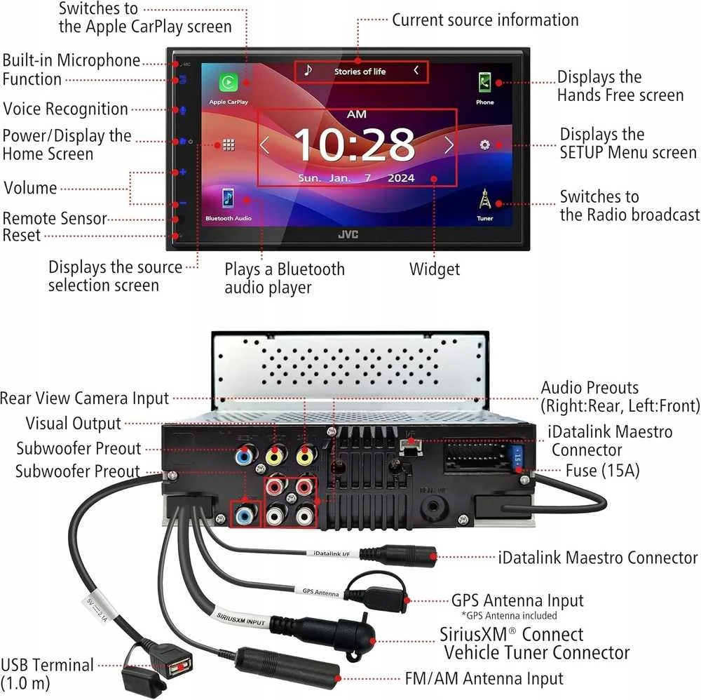 Automagnetola JVC, KW-M695DBW 2-DIN AV grotuvas su 6.8" ekranu, Bluetooth