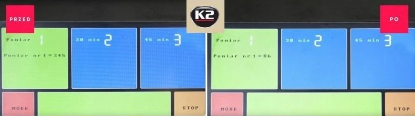 K2 DPF valiklio efektyvumo matavimo rezultatai