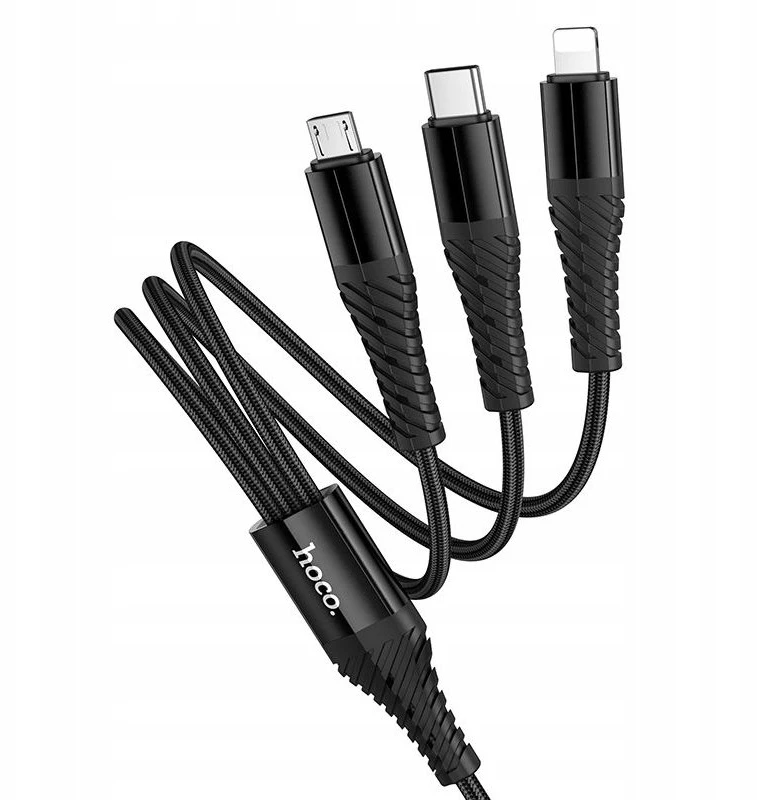 Laidas 3in1 USB C / USB A į Lightning + USB C + Micro USB Hoco 1 m X123 juodas