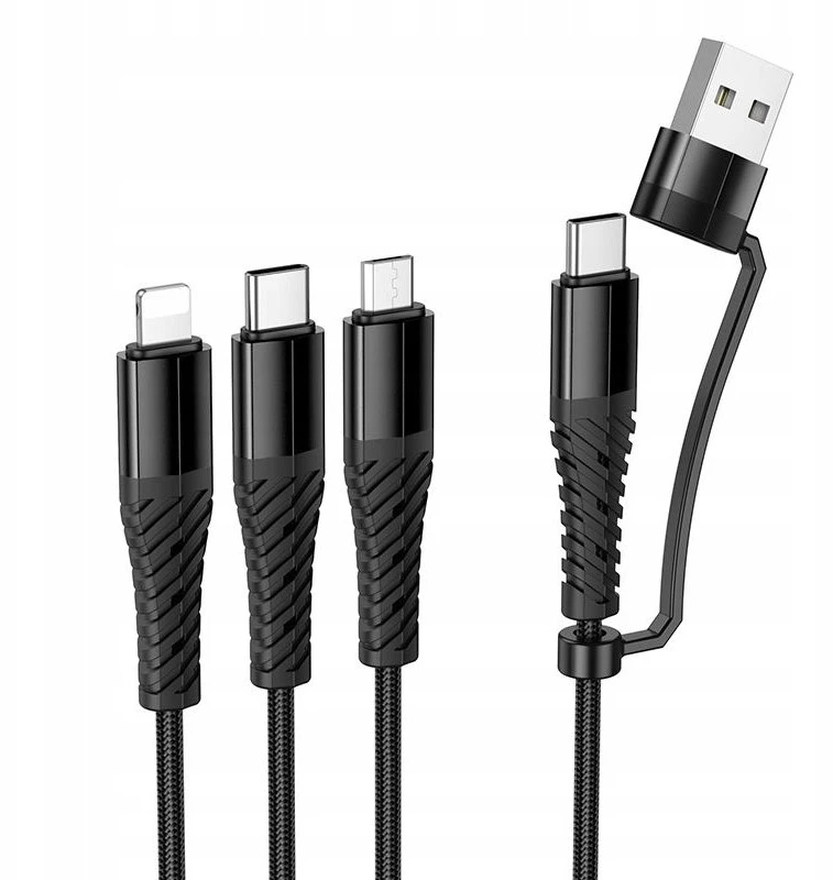 Laidas 3in1 USB C / USB A į Lightning + USB C + Micro USB Hoco 1 m X123 juodas