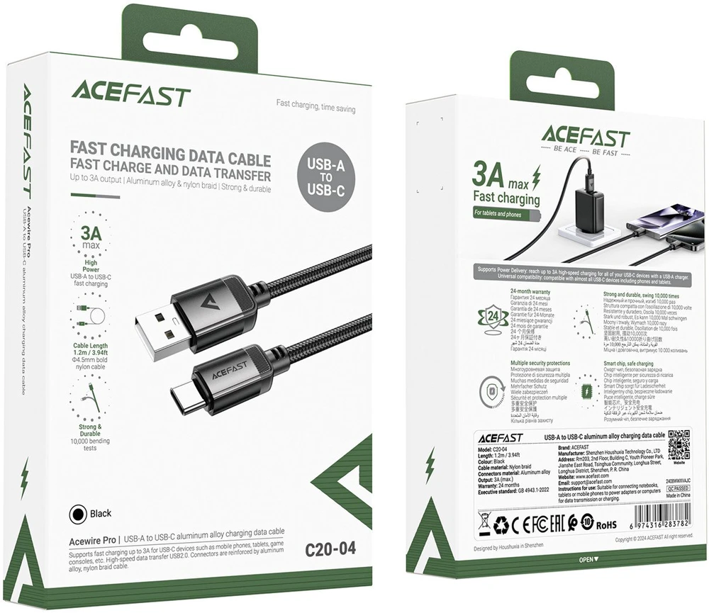Acefast C20-04 USB-A – USB-C laidas 480Mb/s 3A 1.2m – Juodas