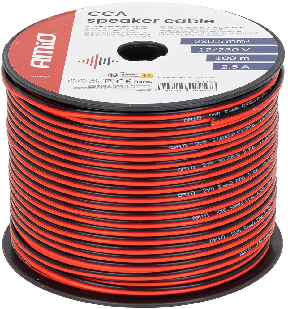 Dviejų laidininkų CCA garsiakalbių kabelis 2×0,5 mm², 100 m, 2,5 A AMIO-04456