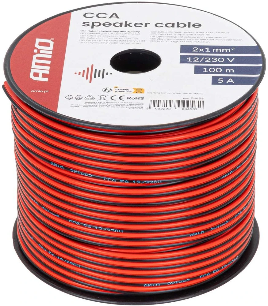 Dvejų gyslų CCA kabelis, 2x1mm² 100m 5A AMIO-04458