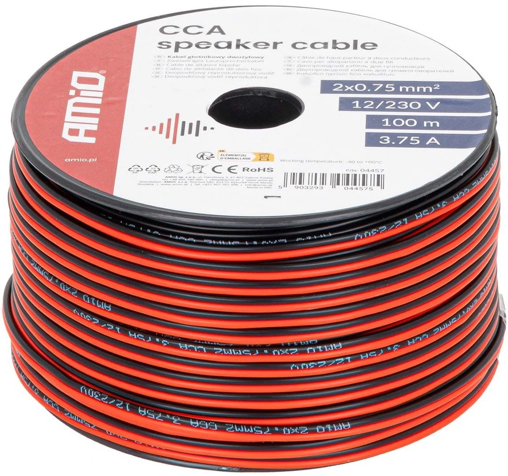 Dviejų laidininkų CCA garsiakalbių kabelis 2×0,75 mm², 100 m, 3,75 A AMIO-04457