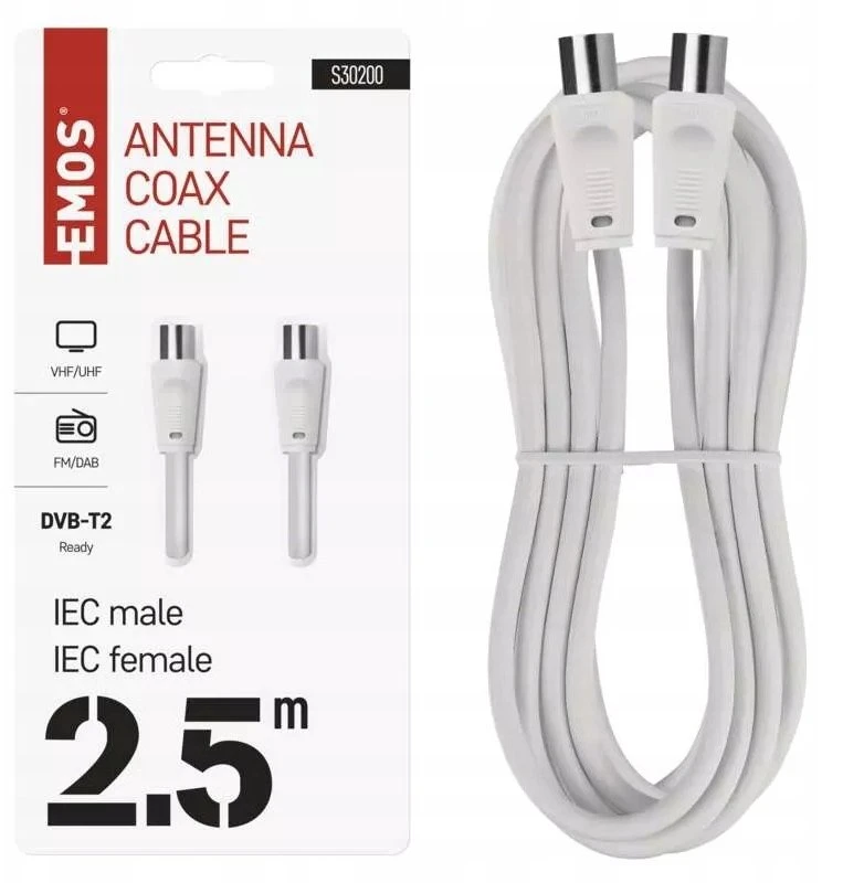 Kabelis TV antenai RF, 2.5m, kištukas - lizdas, baltas EMOS