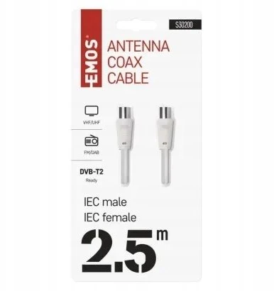 Kabelis TV antenai RF, 2.5m, kištukas - lizdas, baltas EMOS