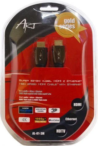 ART KABH AL-01-3 ART kabelis AL-01-3m HDMI 19 kontaktų kištukas/HDMI 19 kontaktų vyriškas auksinis padengtas