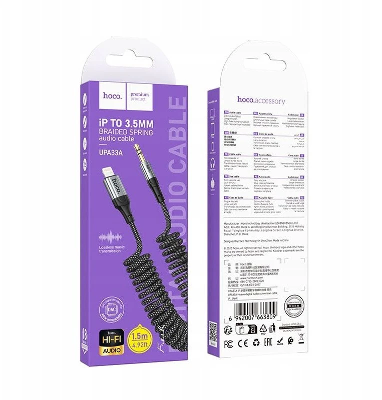 Kabelis AUX Jack 3,5 mm - Lightning Hoco 1,5 m UPA33A juodas
