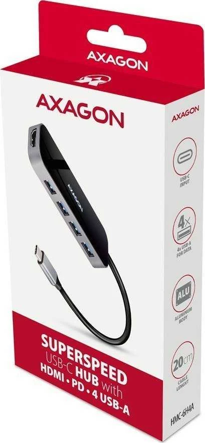 Axagon kelių prievadų USB 3.2 Gen 1 šakotuvas. HDMI, keturi USB-A išėjimai ir maitinimo tiekimas. Kabelis USB-C 20cm.