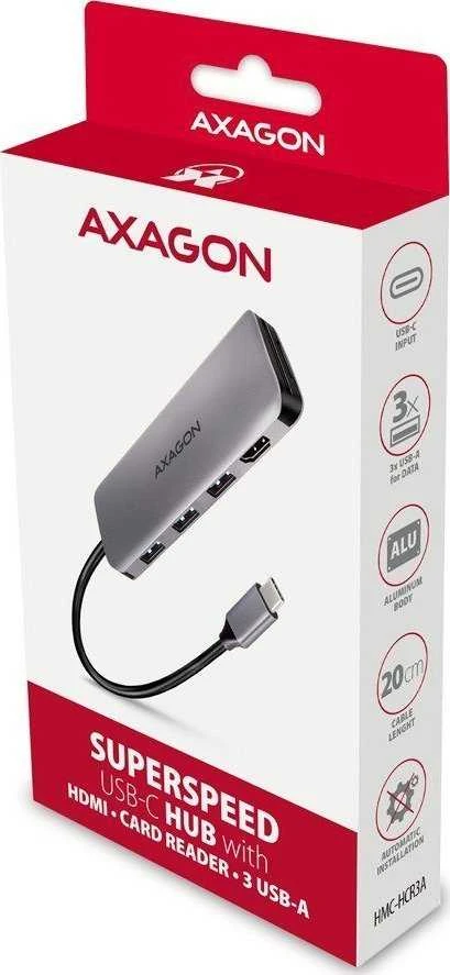 Axagon kelių prievadų USB 3.2 Gen 1 šakotuvas. HDMI, kortelių skaitytuvas ir trys USB-A išėjimai. USB-C laidas 20 cm.