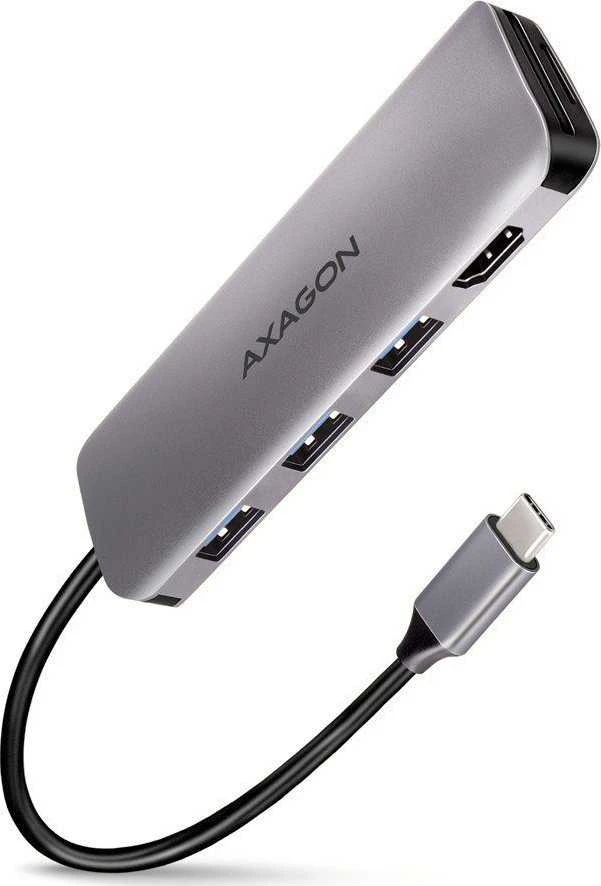 Axagon kelių prievadų USB 3.2 Gen 1 šakotuvas. HDMI, kortelių skaitytuvas ir trys USB-A išėjimai. USB-C laidas 20 cm.