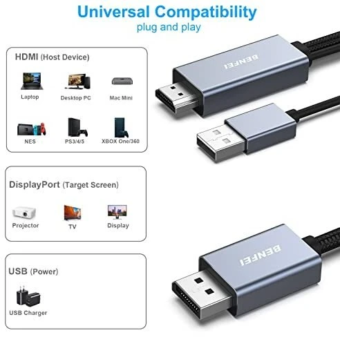BENFEI HDMI į DisplayPort laidas 4K 60Hz 2K 144Hz 1080P 165Hz vienkryptis 1.8 m pilkas