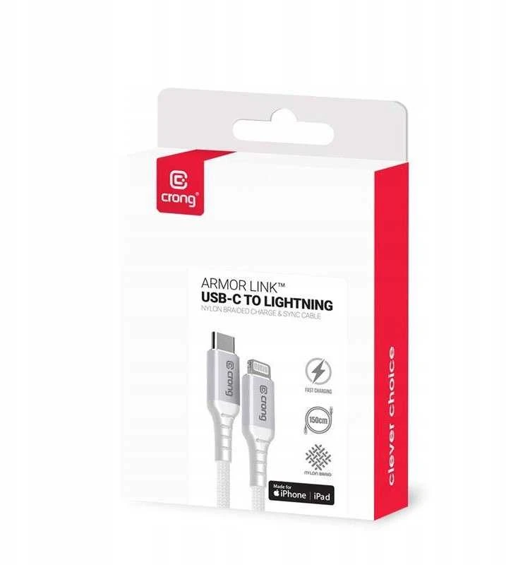 „Crong Armor Link“ – USB-C į „Lightning“ greito įkrovimo MFi laidas, 150 cm, baltos spalvos
