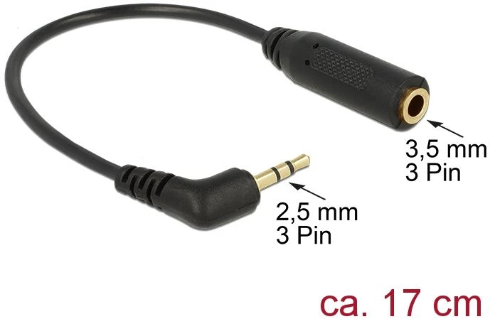 ADAPTERIS MICROJACK 2.5MM(M) 3PIN->MINIJACK 3.5MM(F) 3PIN ant kabelio 17.5CM Juodas DELOCK