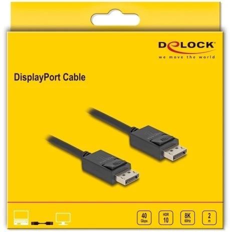 „DeLOCK“ „DisplayPort“ kabelis 8K 60 Hz 40 Gbps 2 m, 2 m, „DisplayPort“, „DisplayPort“, kištukas, kištukas, 15360 x 8640 pikselių
