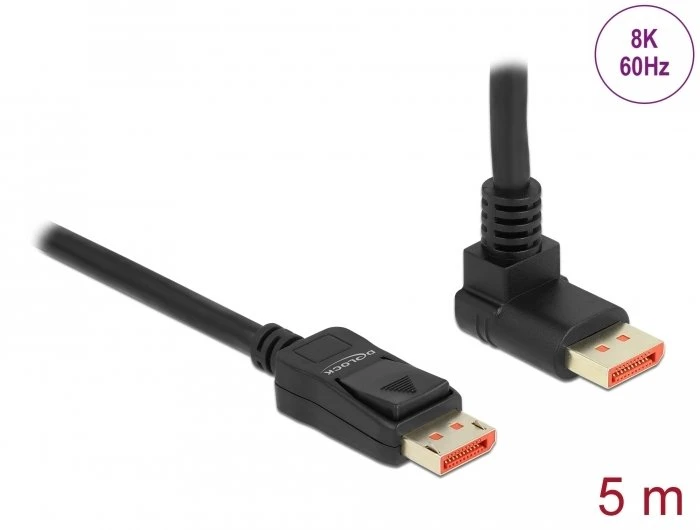 „DeLOCK DisplayPort“ kabelis, kištukas, tiesus į kištuką, 90° kampu į viršų, 8K 60 Hz, 5 m, 5 m, DisplayPort, DisplayPort, kištukas, kištukas, 7680 x 4320 pikselių