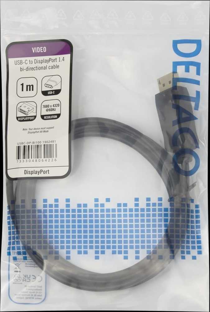 8K USB-C į DisplayPort dvikryptis kabelis DELTACO, 7680 x 4320 @ 30Hz, 1 m, juodas / USBC-DP-BI100 / 1902481