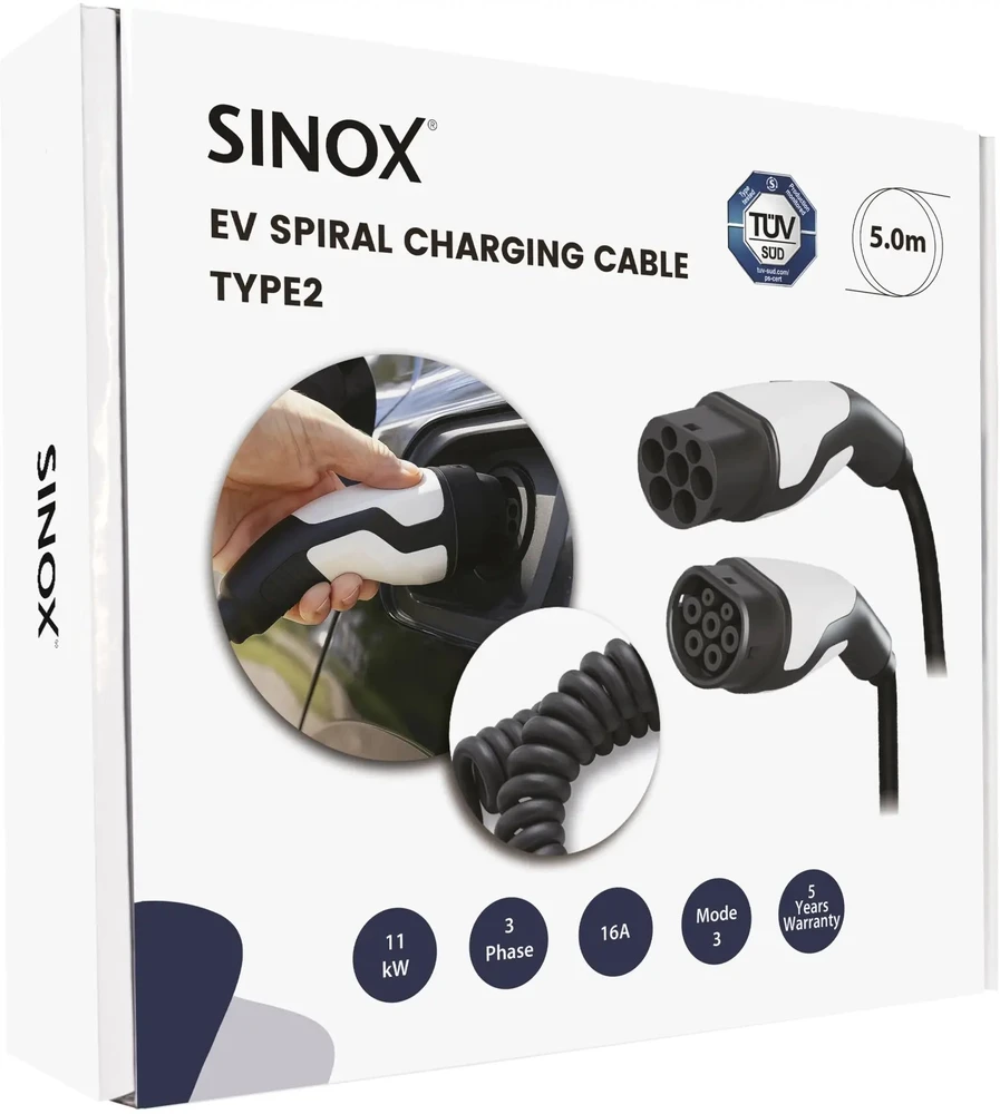 Sinox Elektromobilių spiralinis įkrovimo kabelis, 3 režimas, 16A, 3 fazės, 5 m, juodas