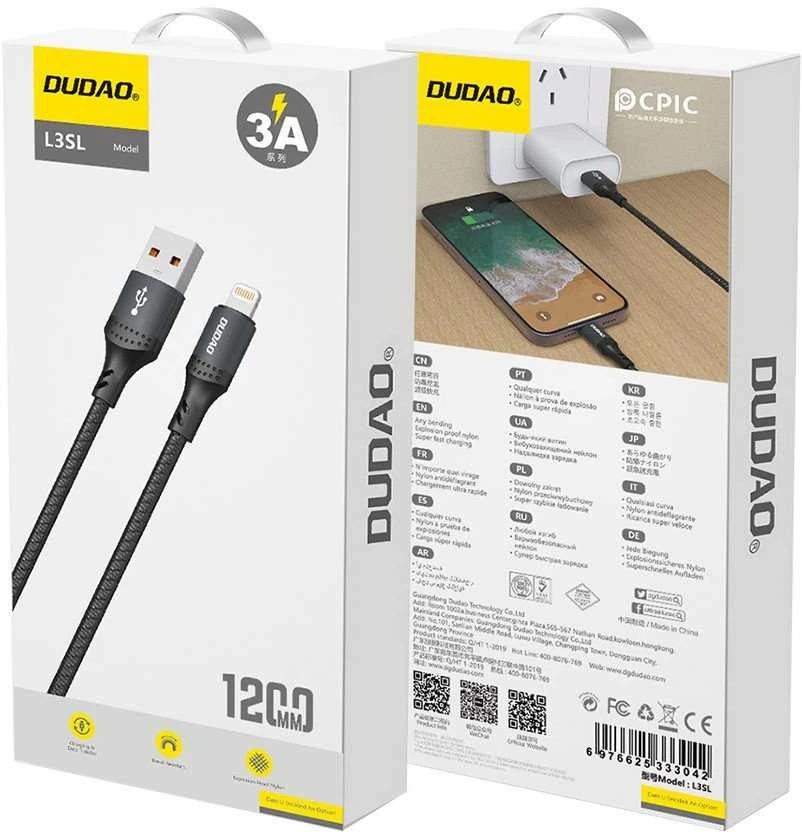 Dudao 3A 30W L3SL USB-A – Lightning kabelis Braided 1.2m – juodos spalvos