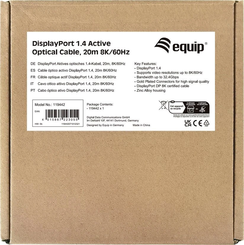 Kabelio Equip DisplayPort 20m pakuotės galinė dalis