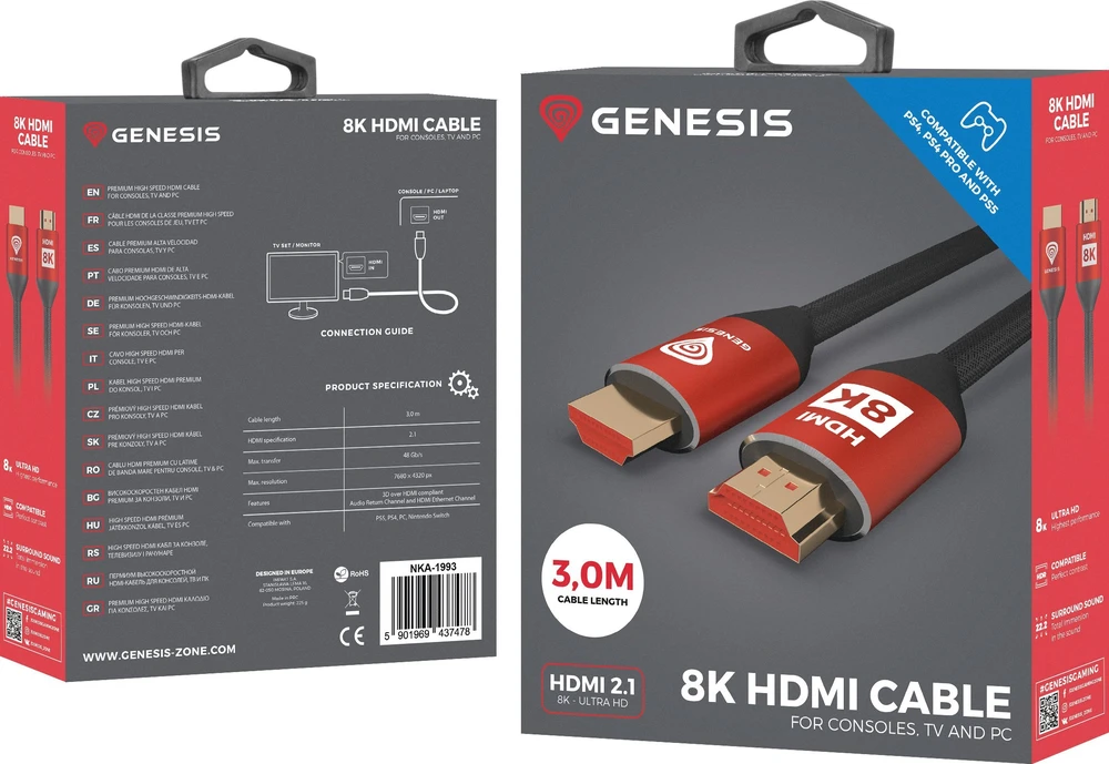 Kabelis GENESIS HDMI - HDMI 3m raudona (NKA-1993)