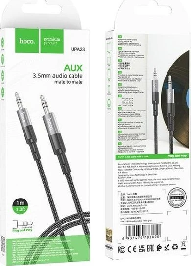 Kabelis AUX lizdas 3,5 mm į lizdą 3,5 mm Hoco 1 m UPA23 metalinis pilkas