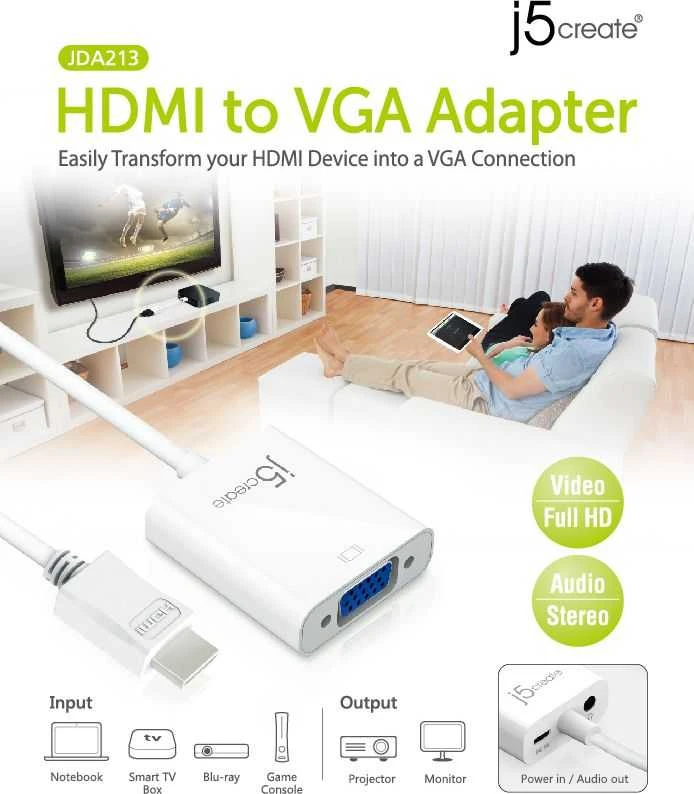 J5CREATE J5sukurkite HDMI į VGA adapterį (HDMI m - VGA f 3.5mm Audio f 10cm; spalvota balta) JDA213-N