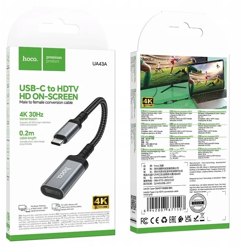 USB C į HDTV konvertavimo kabelis Hoco 4K 30Hz 0,2 m UA43A metalinis pilkas