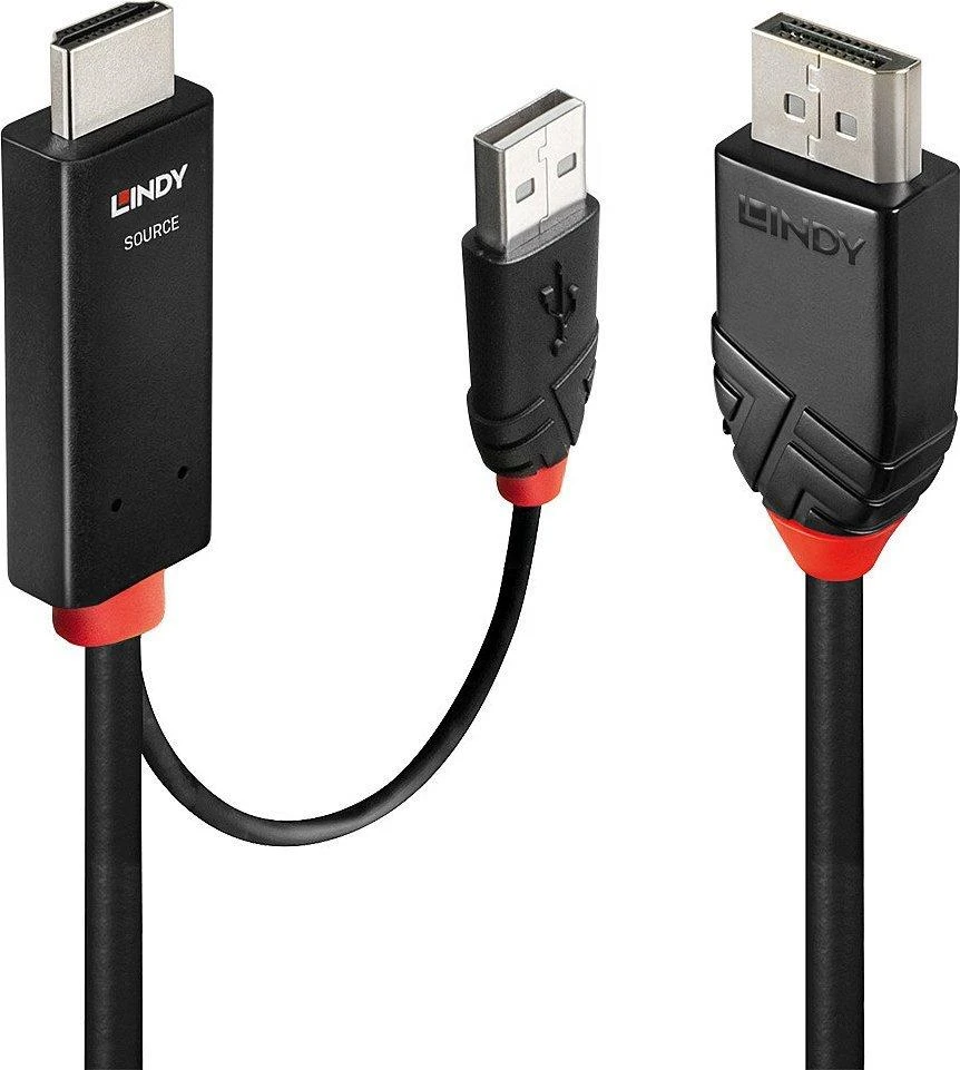 LINDY HDMI į DisplayPort kabelis su USB maitinimo jungtimi