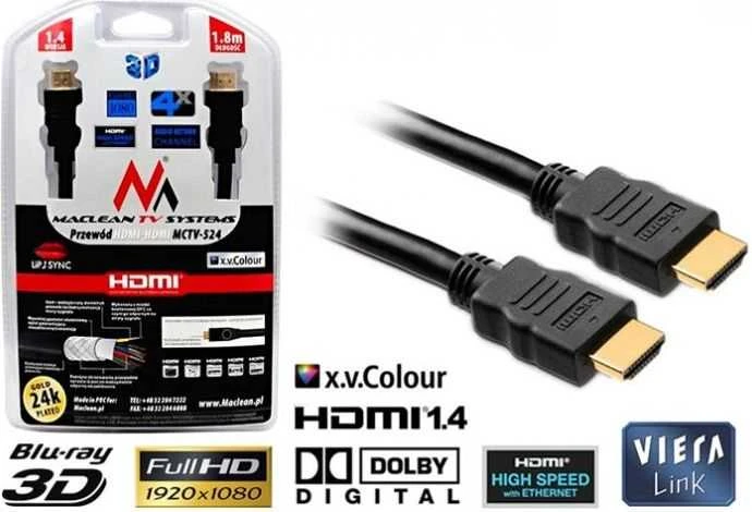 Przewód, HDMI-HDMI v1.4 „Maclean“ kabelis, auksinis eterneto kabelis, 30AWG, 1,8 m, MCTV-524