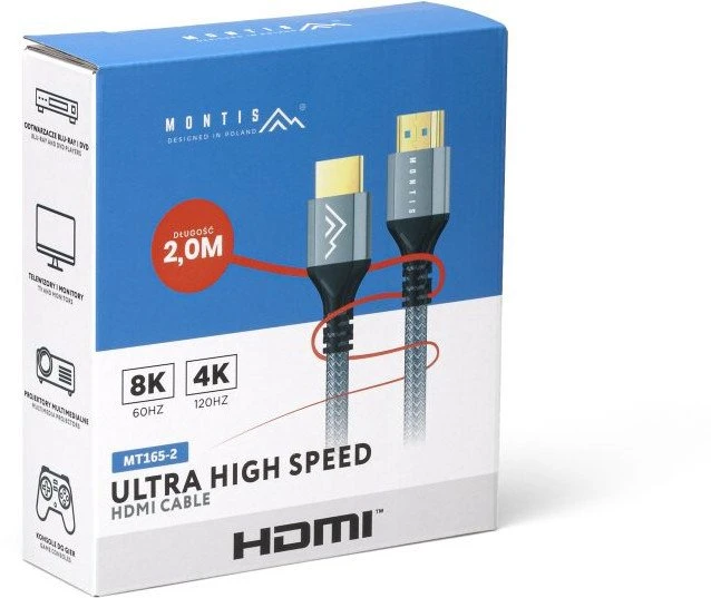 Montis 2m HDMI laido pakuotė su specifikacijomis