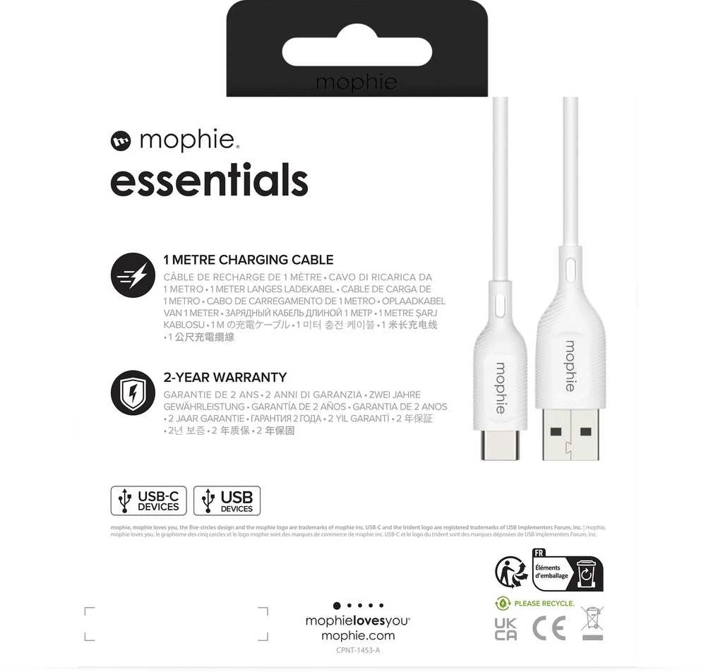 Zagg Mophie Charge Essentials USB-A – USB-C kabelis 1 m – baltas