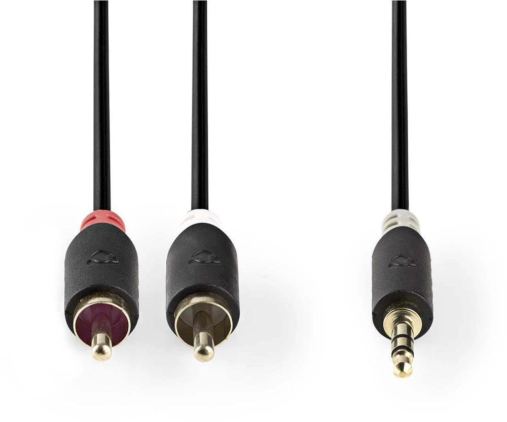 Nedis stereo garso kabelis | 3,5 mm kištukas | 2x RCA kištukas, padengtas auksu | 1,00 m | apvalus | Antracitas | Pakuotė su peržiūros langeliu