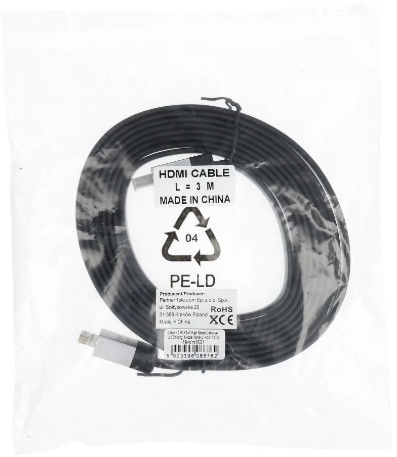 Oem PTC kabelis HDMI - HDMI didelės spartos kabelis ver. 2,0, 3,0m, plokščias