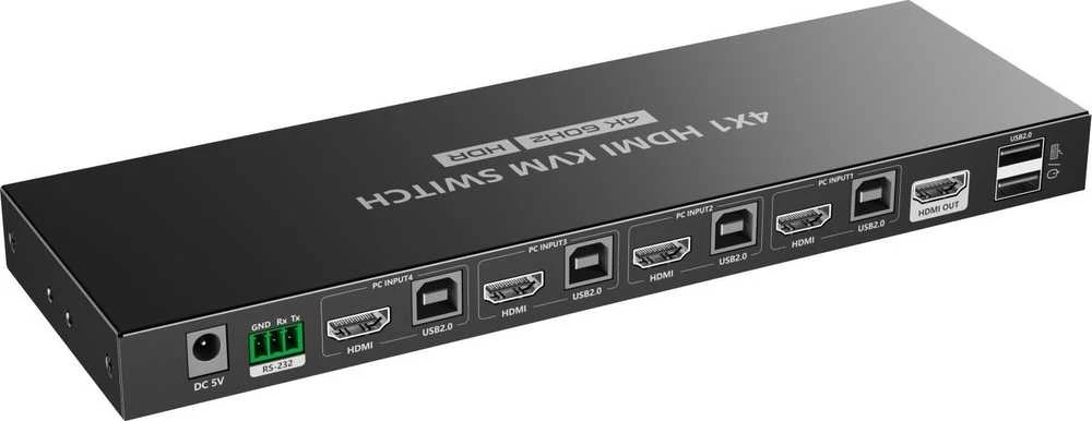 PremiumCord 4K@60Hz HDMI2.0 KVM jungiklis 4:1 su nuotolinio valdymo pultu